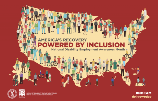 America's Recovery Powered by Inclusion: National Disability Employment Awareness Month illustration of a diverse group of individuals on a map of the United States