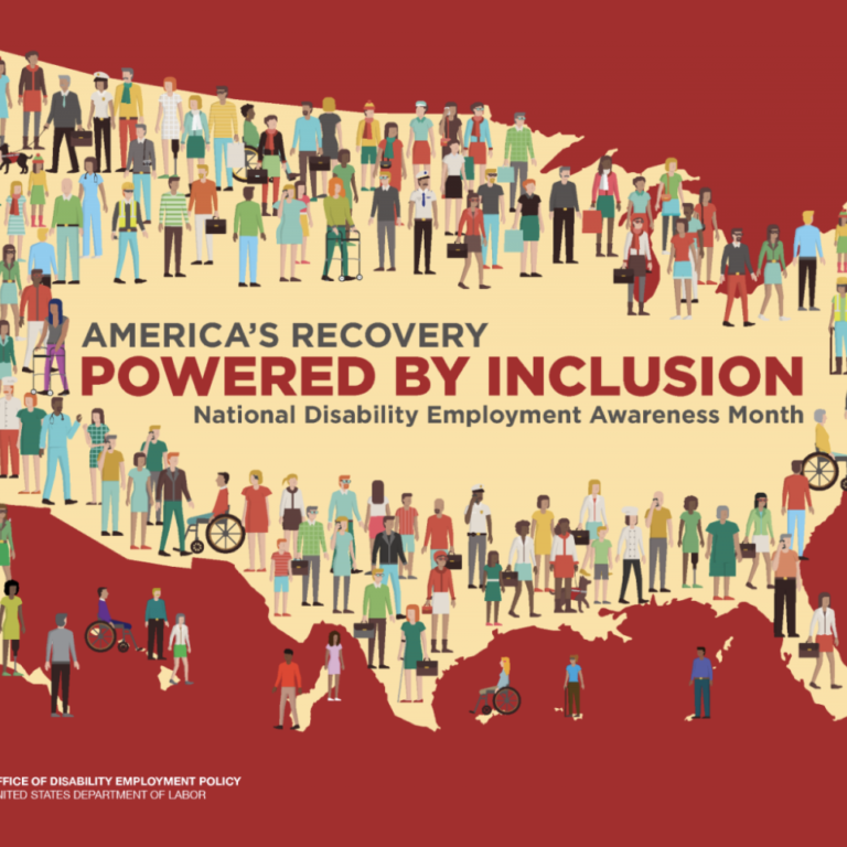 America's Recovery Powered by Inclusion: National Disability Employment Awareness Month illustration of a diverse group of individuals on a map of the United States