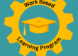 illustration of a gold graduation cap in a gold gear with the words Work Based Learning Program