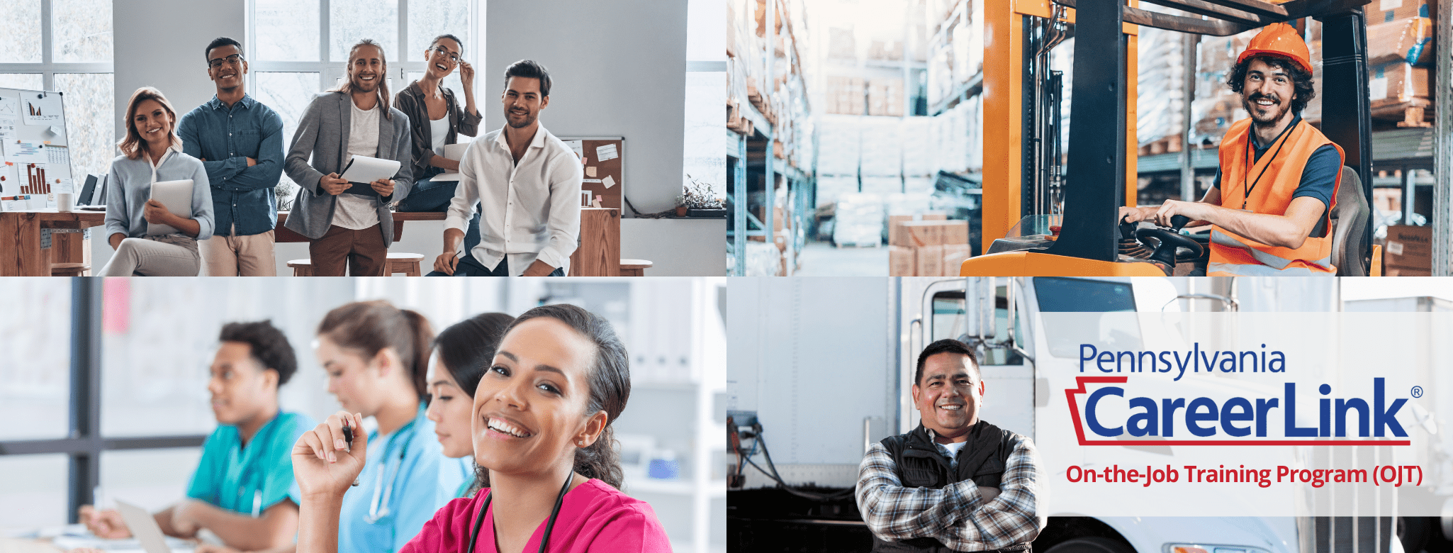 collage of four images that include a group of people in an office, a forklift driver in a warehouse, a group of nurses, and a truck driver